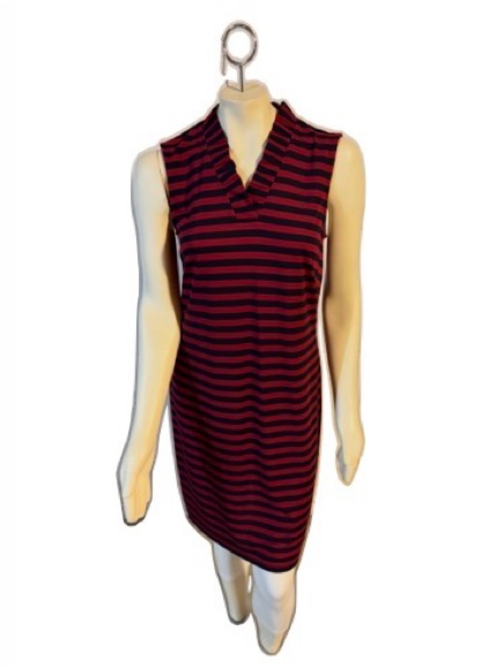 Talbots Sleeveless Burgundy and Midnight Navy Striped Ruffle V-Neck Dress